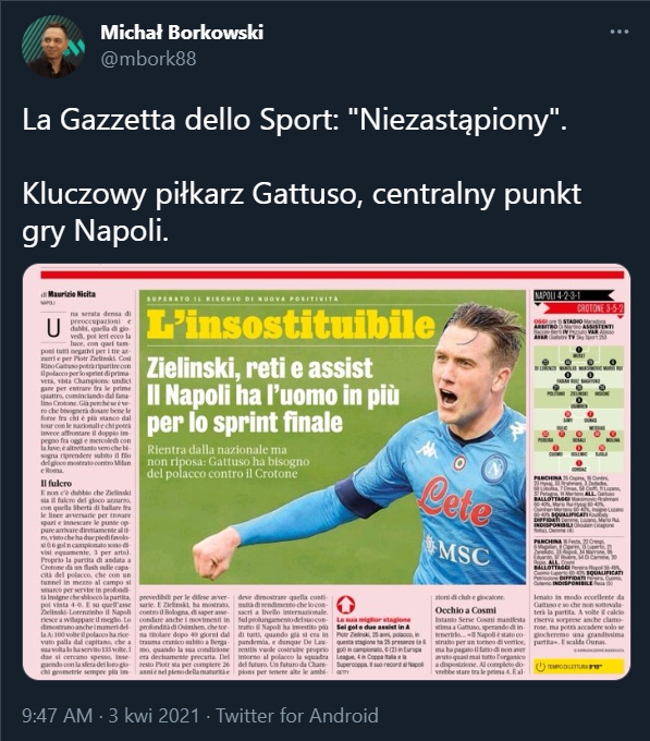 Tak La Gazzetta dello Sport pisze o Piotrze Zielińskim!